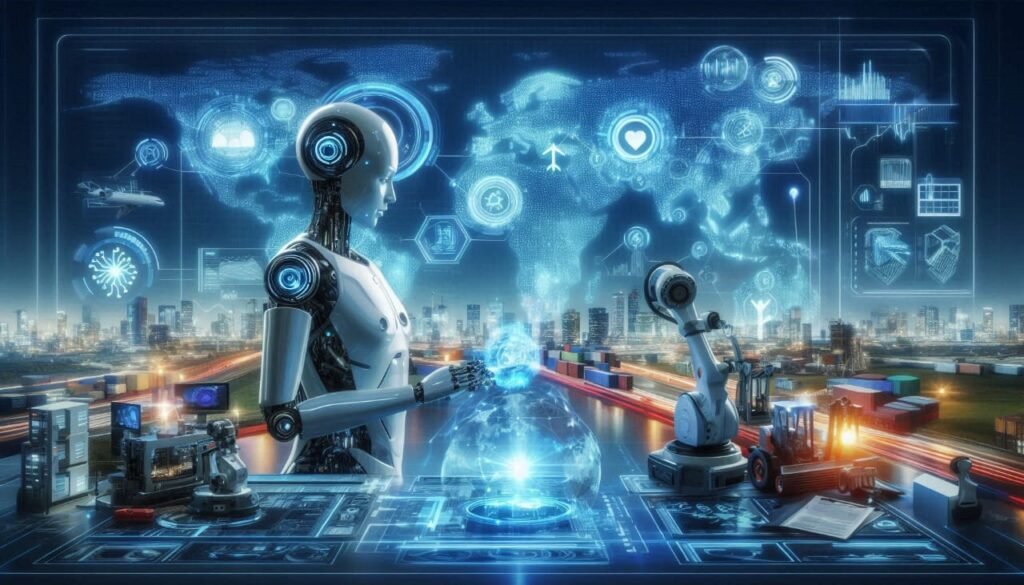 Humanoid robot overseeing global shipping port with logistics data overlays AI and Automation Course Online