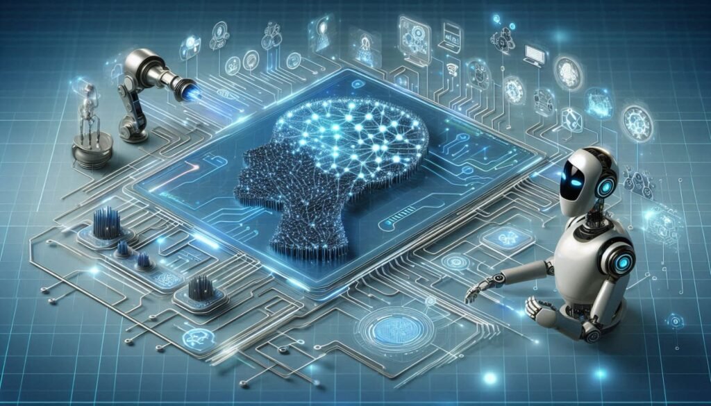 Humanoid robot using a digital AI interface with a glowing brain display symbolizing the Best AI and Automation Courses.