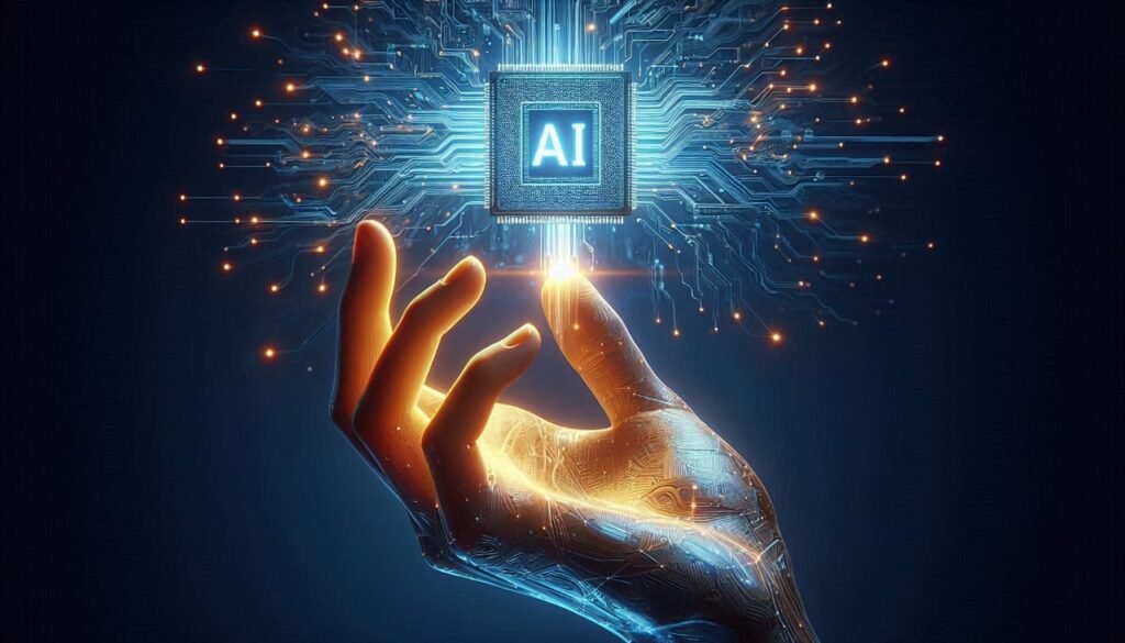 Human hand reaching for glowing blue AI chip symbolizing learning tech benefits  AI Scope in Pakistan