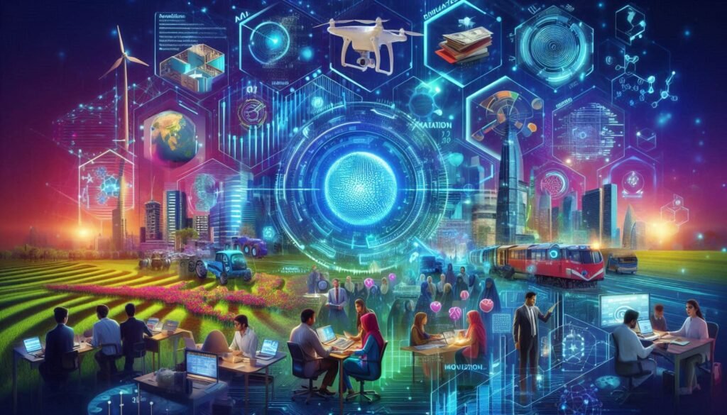 Pakistani professionals using laptops in a vibrant AI innovation collage  AI Scope in Pakistan