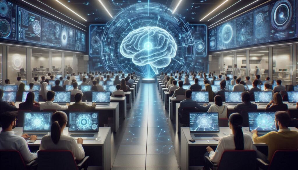 High-tech lecture hall with students on laptops focusing on a giant glowing 3D brain hologra