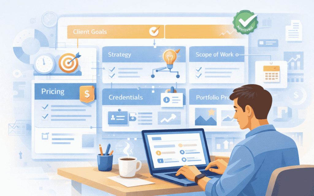 Freelancer working on laptop with detailed approved proposal layout showing goals, strategy, pricing, and portfolio sections.