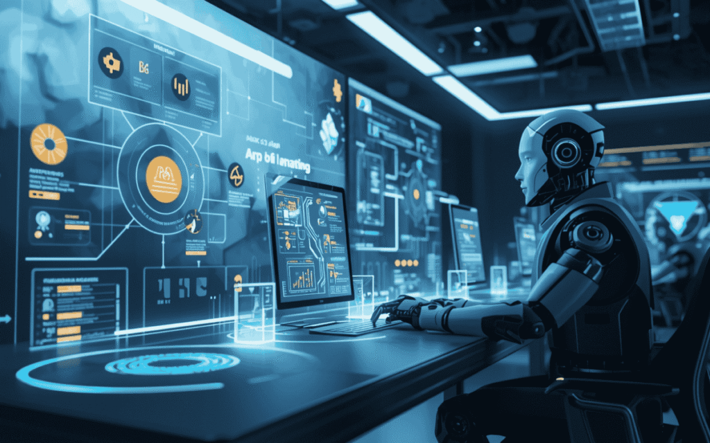 Humanoid robot working at futuristic console with glowing holographic data screens and graphs in blue tones.