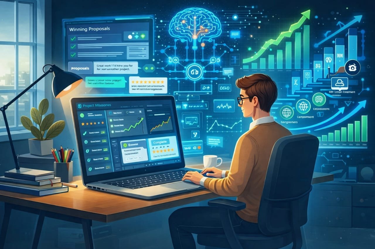 Freelancer on laptop with AI dashboards and growth charts Freelancing Courses in Pakistan