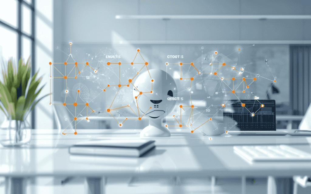 White robot displaying orange holographic AI data connections and graphs on office desk.