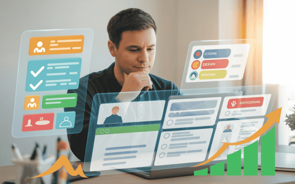 Man pondering at laptop with floating holographic freelance skills, client cards, and upward growth chart in modern workspace.