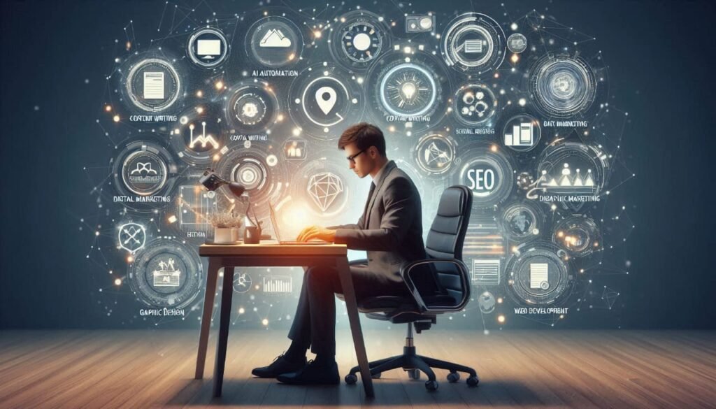 Man in suit at desk using laptop surrounded by digital icons Freelancing Training Online