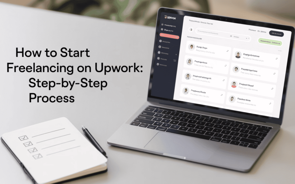 Open laptop showing Upwork proposals list on desk with notebook, pen, and freelancing guide text overlay.