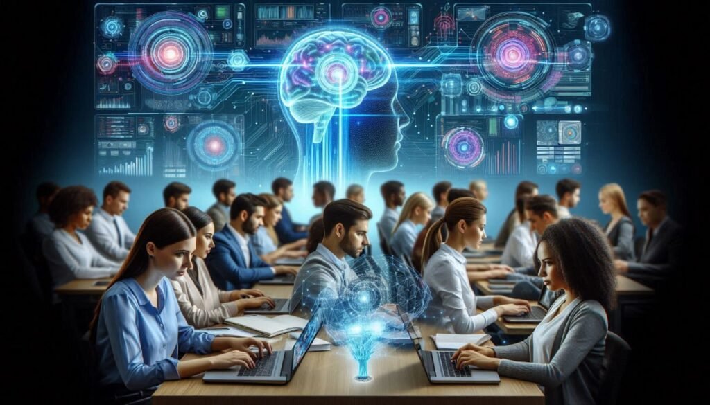 Man at wooden desk in sunlit home office viewing digital wall of online instructors  AI and Automation Course Online