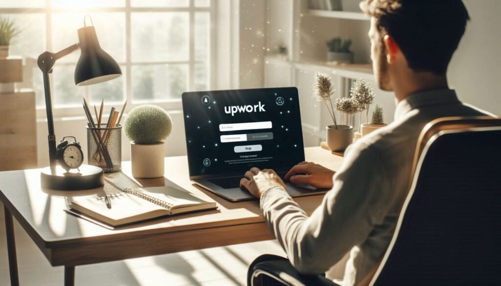 Freelancer logging into Upwork on laptop entering email and password  How to Login in Upwork