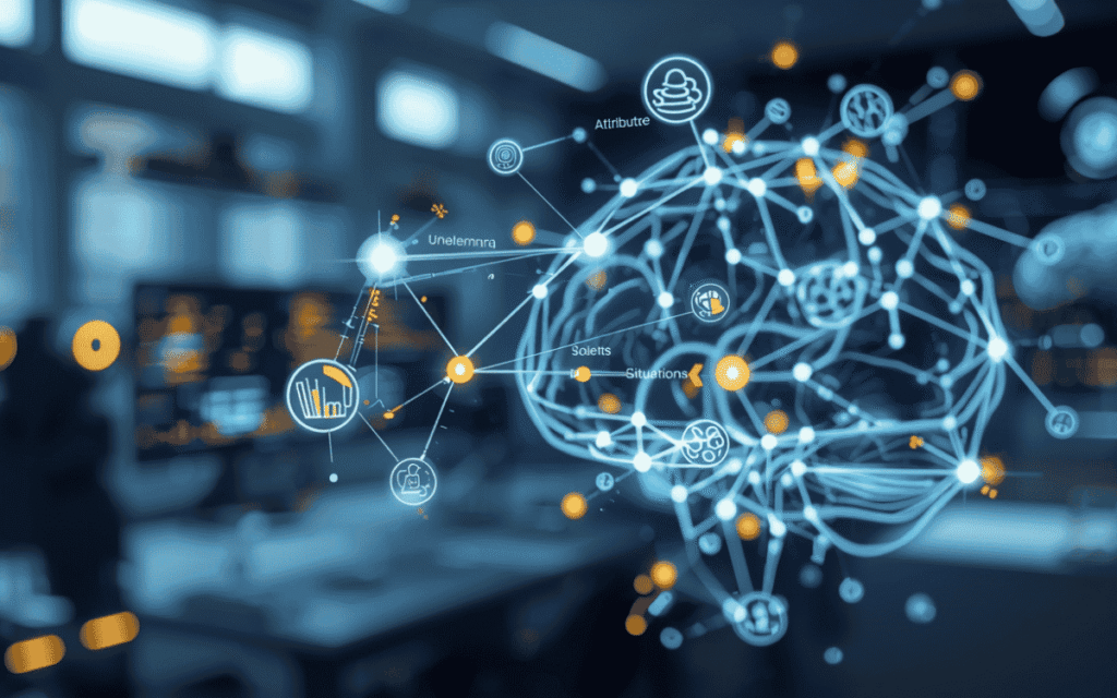 Abstract blue brain of neural connections with orange glowing nodes and data icons in futuristic style