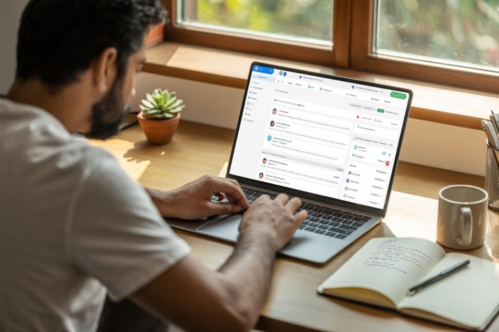 Bearded freelancer working on laptop with freelance job listings, client profiles, proposals, and chat notifications visible on screen.