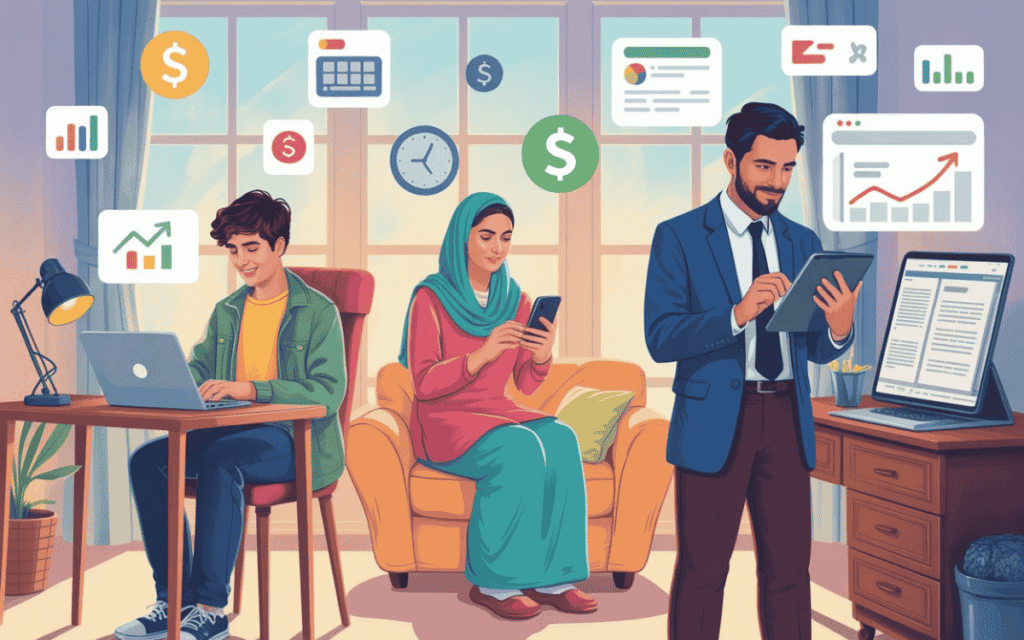 Bearded freelancer working on laptop with freelance job listings, client profiles, proposals, and chat notifications visible on screen.