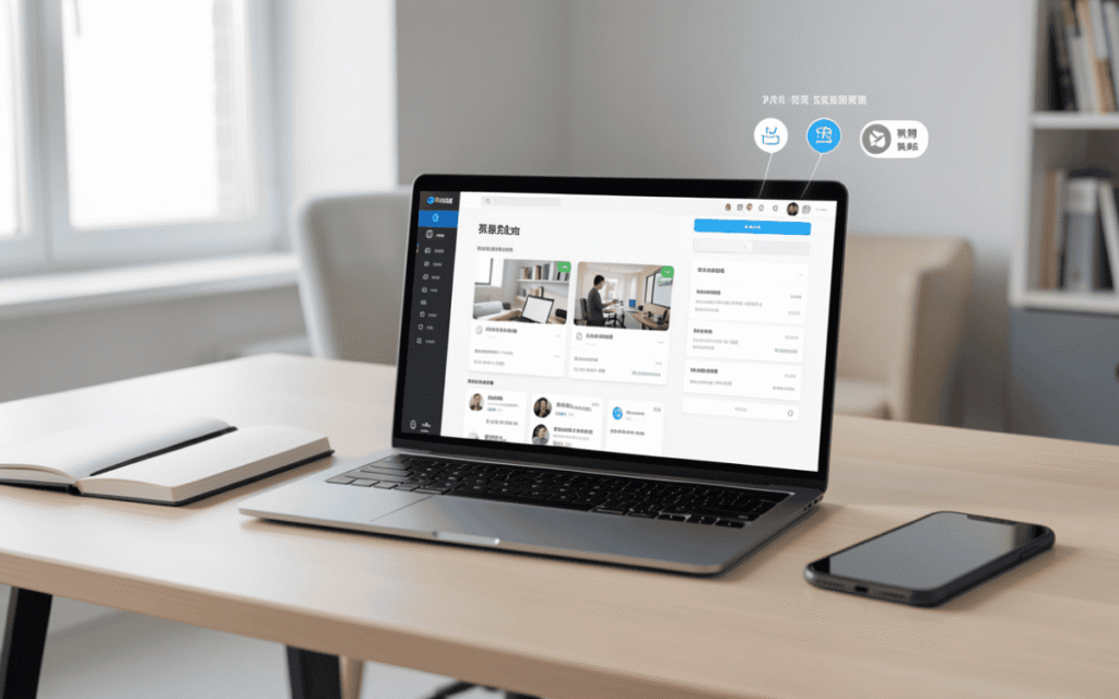 Open laptop showing freelance job board dashboard with project cards, profiles, and floating app icons in bright workspace