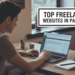 Freelancer typing on laptop in cafe with "TOP FREELANCE WEBSITES IN PAKISTAN" text overlay and dashboard visible.