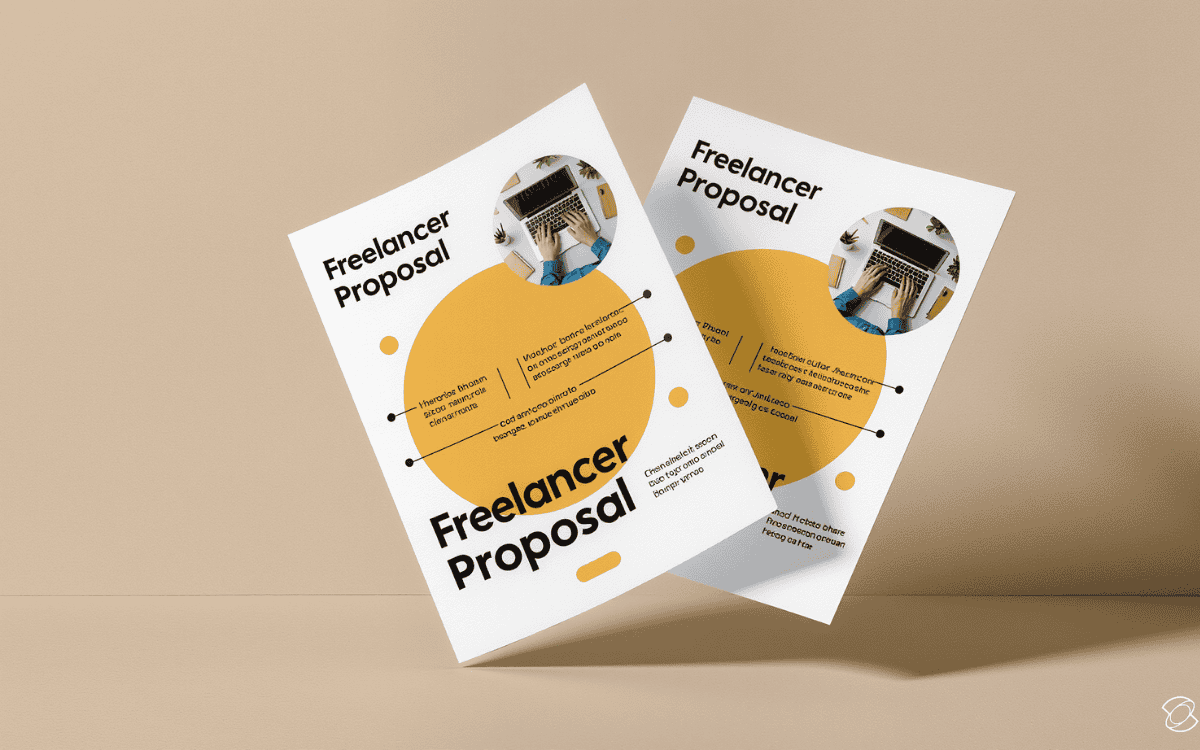 Two angled freelancer proposal mockups with orange circles, laptop photos, and dummy text on beige background