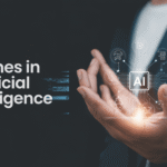 Hand presenting holographic AI concept with circuits, frames, and icons glowing over dark suit background.