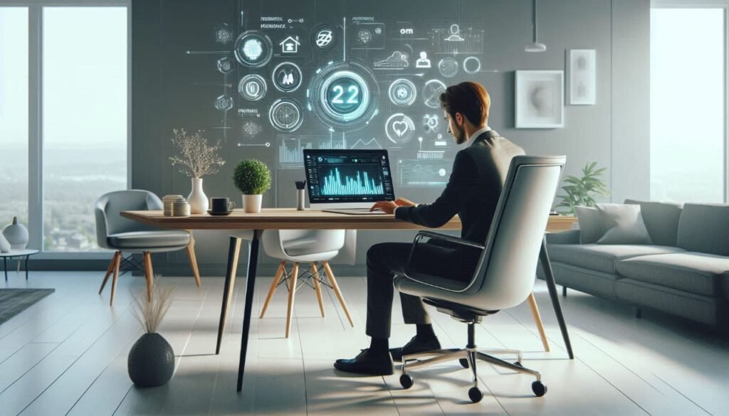 Professional man at modern desk using laptop with glowing digital business icons Freelancing Training Online