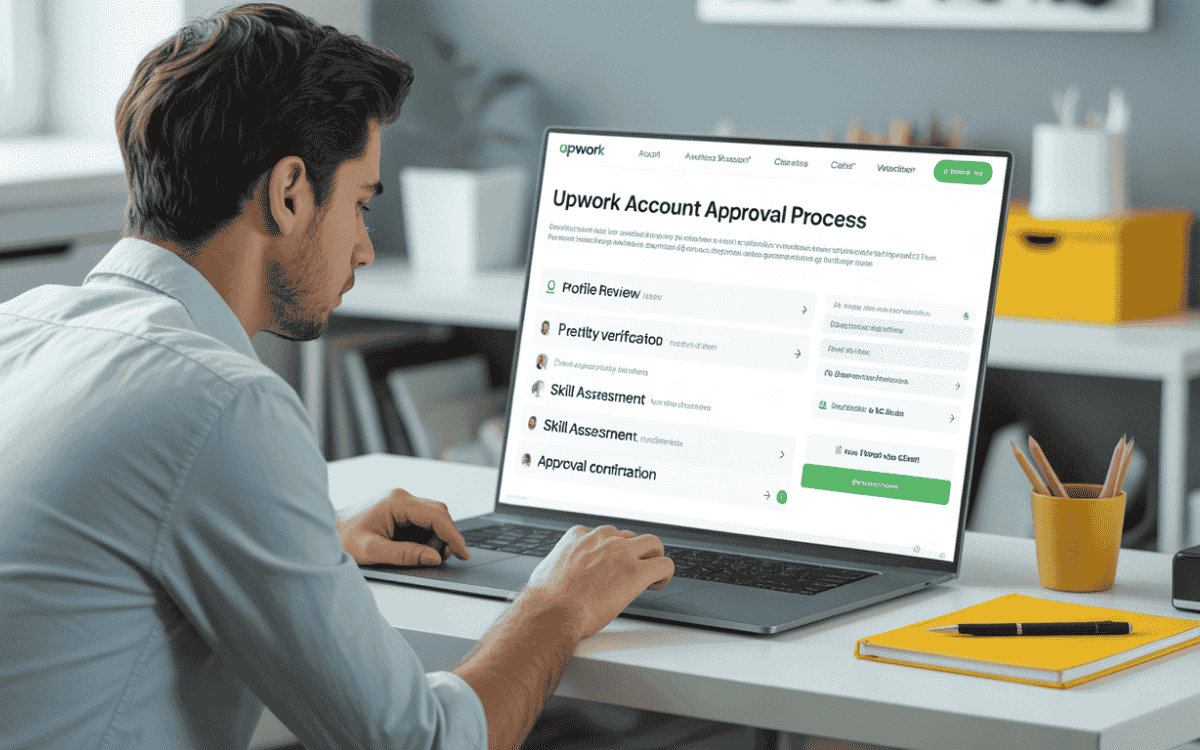 Freelancer viewing Upwork account approval steps including profile review, verification, and skill assessment on laptop screen.
