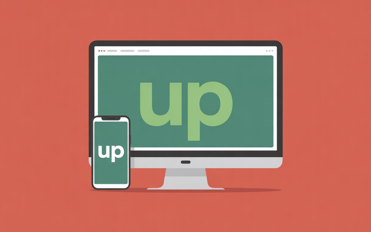 Desktop monitor and smartphone screens showing big green "up" text on red background, representing Upwork.