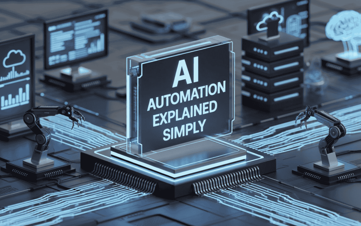 Glowing "AI AUTOMATION EXPLAINED SIMPLY" hologram on circuit board with robotic arms, servers, and data visuals in futuristic blue style.