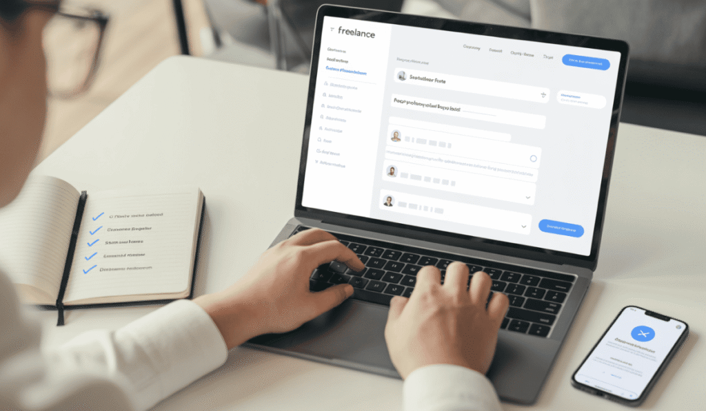 Freelancer working on laptop with freelance dashboard open, showing messages, proposals, and profile next to open notebook with checklist.