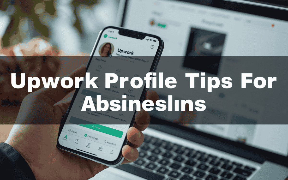 Smartphone displaying Upwork freelancer profile with earnings, skills, and stats, laptop open to dashboard in background.