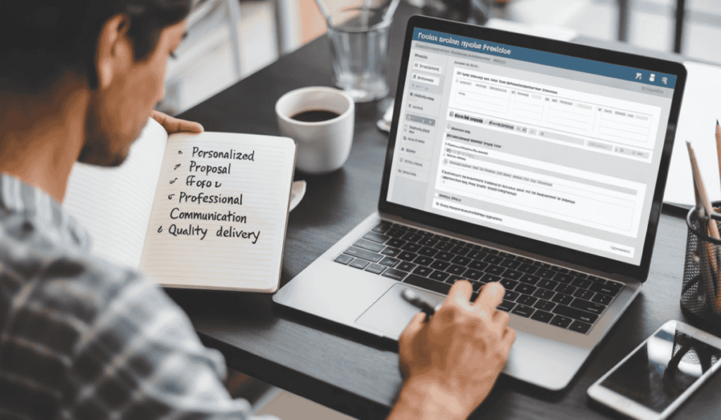 Man writing proposal checklist in notebook while working on freelance platform dashboard on laptop at desk.