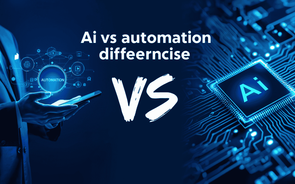 Hand holding phone with holographic "AI vs Automation" comparison, circuit board background and glowing tech icons in dark futuristic style.