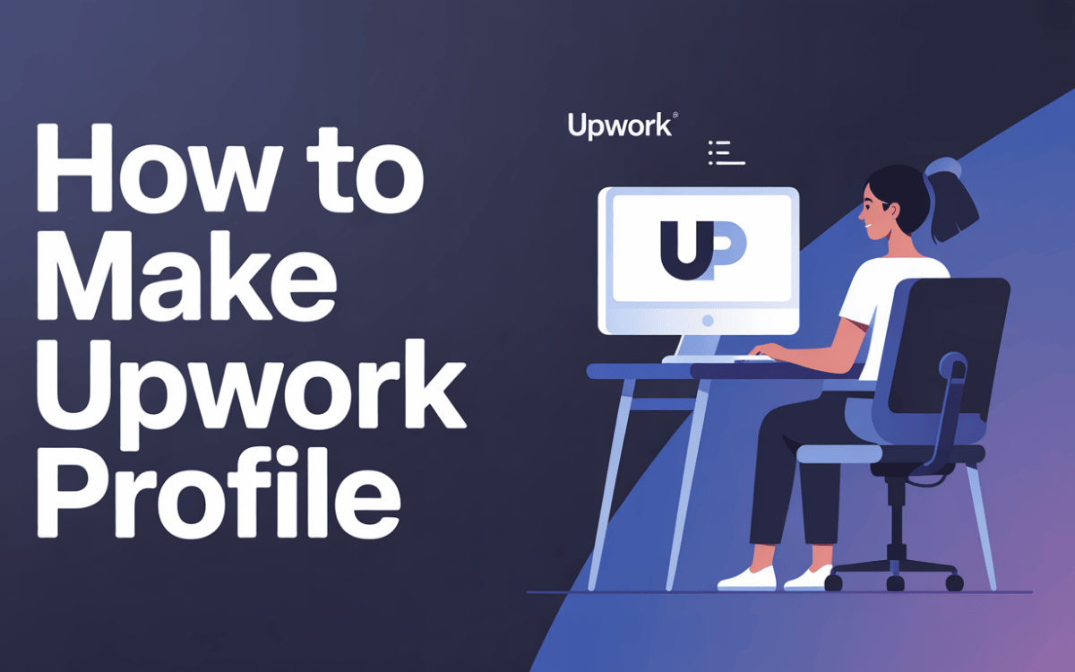 Woman working on laptop with Upwork logo on screen, text "How to Make Upwork Profile" on dark purple background in illustrative style.