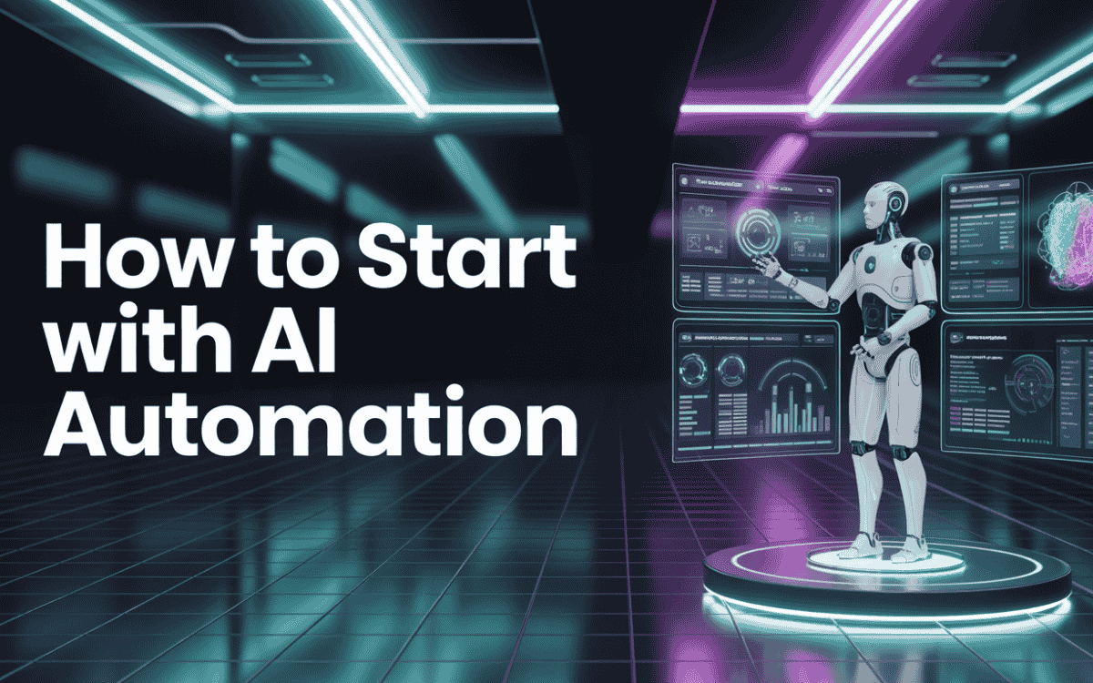 Robot presenting holographic AI automation dashboard with graphs and tools, text "How to Start with AI Automation" in glowing tech scene.