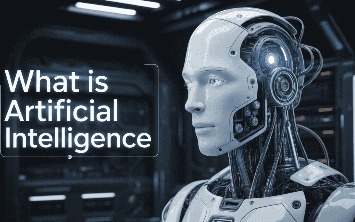 Close-up of sleek white robot head with glowing eyes and mechanical details, text "What is Artificial Intelligence" on dark background.