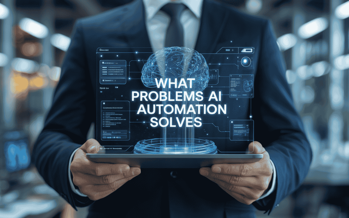 Man in suit holding holographic display with AI brain and text "WHAT PROBLEMS AI AUTOMATION SOLVES" in blue futuristic style.