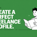 Illustration of man reading book with text "CREATE A PERFECT FREELANCE PROFILE" on green background for masterclass.