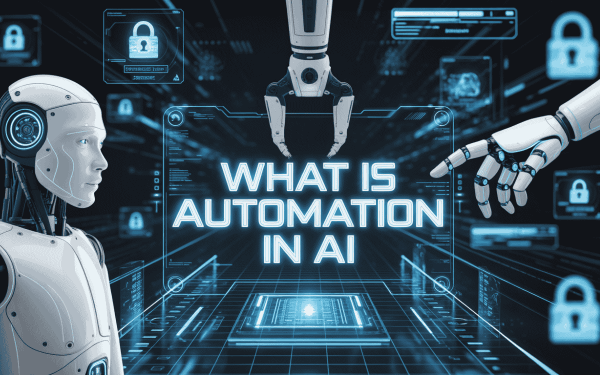 Robot with glowing eyes and mechanical arms viewing holographic text "WHAT IS AUTOMATION IN AI" in futuristic blue-lit scene.