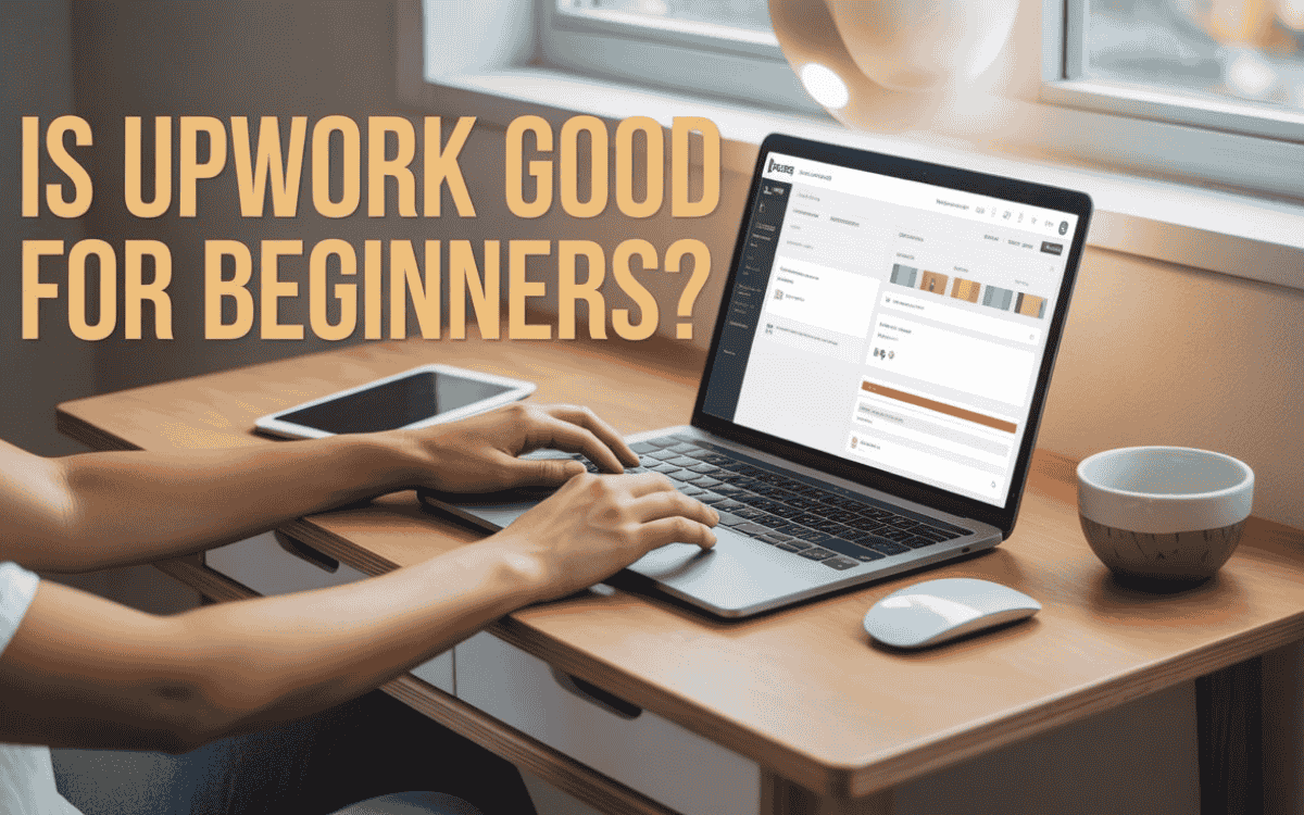 Person working on laptop with Upwork dashboard open and large text overlay "IS UPWORK GOOD FOR BEGINNERS?" near window.