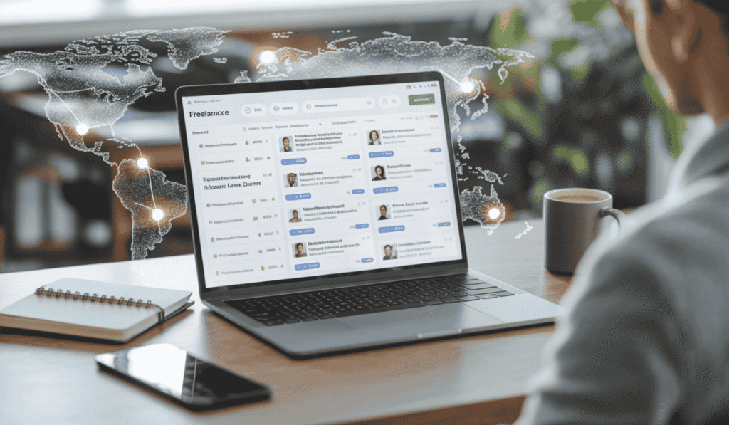 Man at laptop viewing freelance dashboard with client cards and glowing world map hologram connecting globally in workspace.