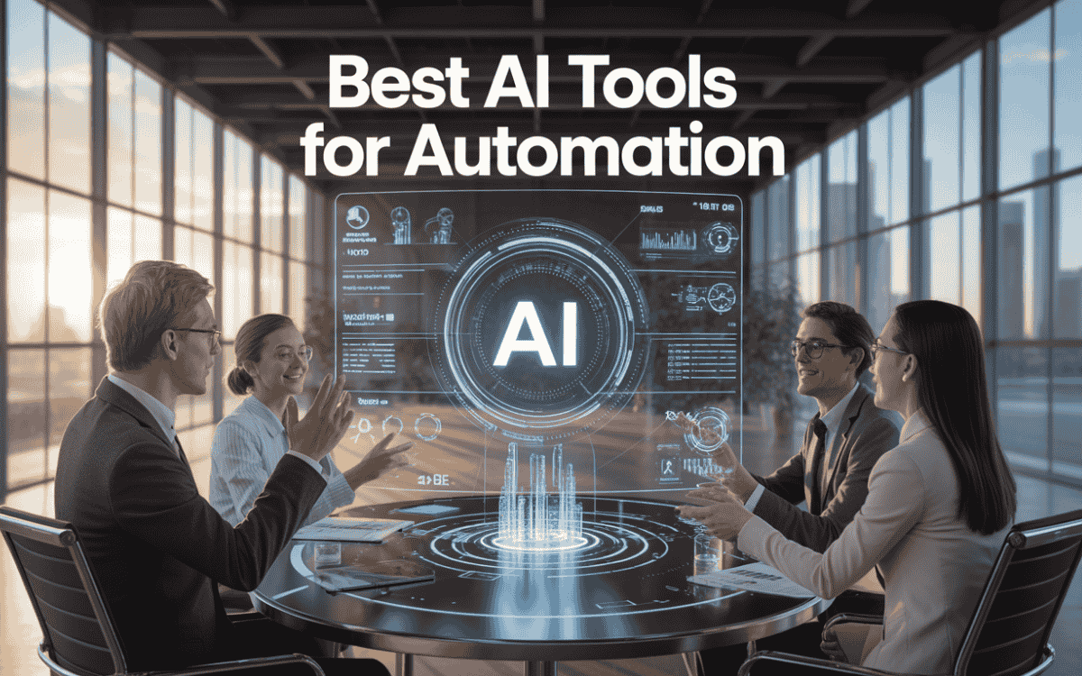 Group of professionals around table viewing holographic "Best AI Tools for Automation" display with brain and data visuals in bright office.