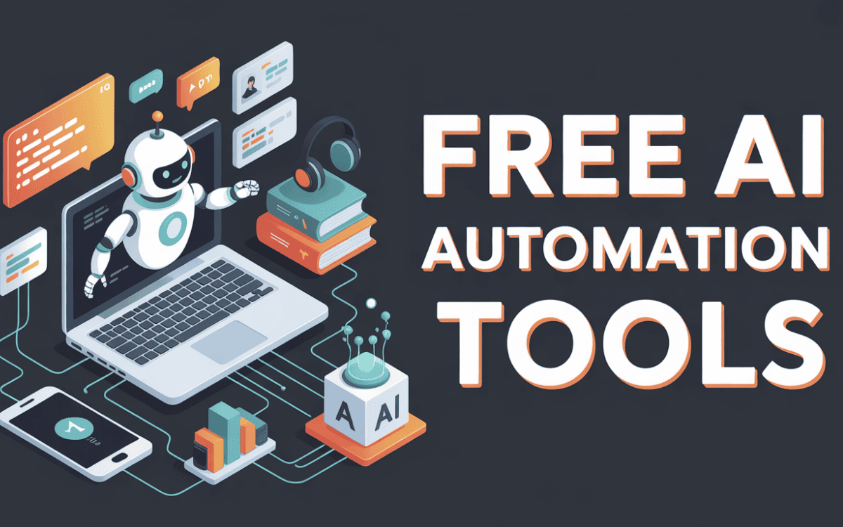 Friendly robot on laptop with floating AI automation tools, books, checkmarks and "FREE AI AUTOMATION TOOLS" text in colorful illustration.