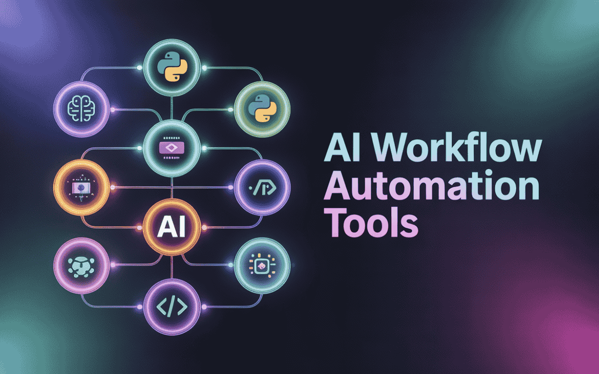 Connected glowing icons of AI tools, Python, brain, code brackets around central AI node with "AI Workflow Automation Tools" text in neon style.