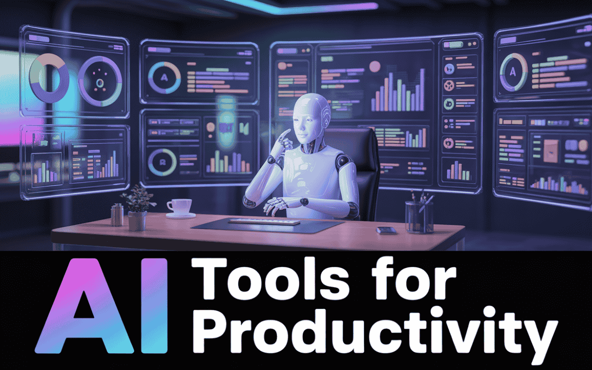 Humanoid robot thinking at desk with floating AI productivity tools, graphs, and holograms in futuristic neon-lit workspace.