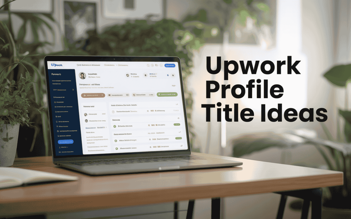 Open laptop displaying Upwork freelancer profile dashboard with skills and overview, "Upwork Profile Title Ideas" text overlay in natural workspace.