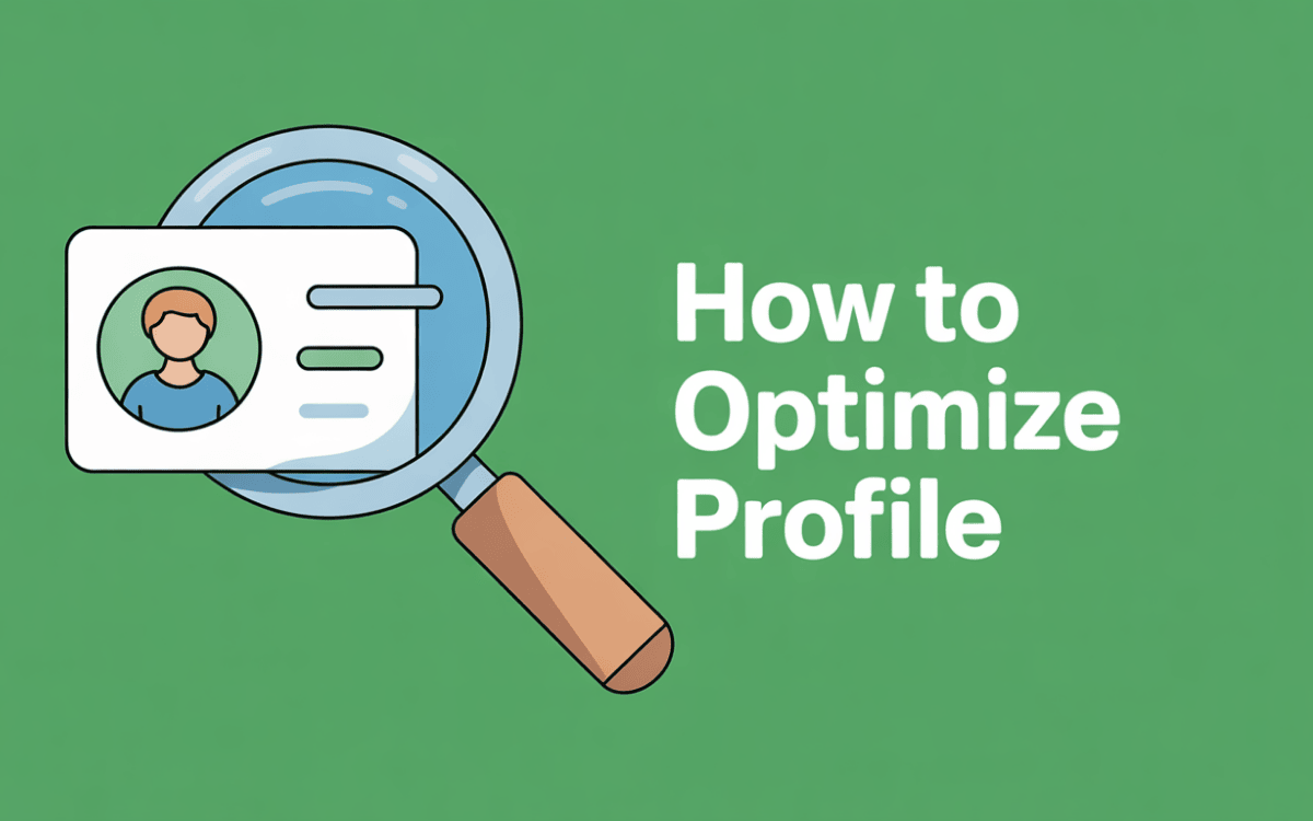 Magnifying glass zooming on freelancer profile card with photo and info, text "How to Optimize Profile" on green background.
