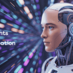 Futuristic robot head in profile with glowing eyes and mechanical details against neon light streaks, text "AI Agents for Automation".