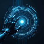 Robotic hand interacting with glowing circular holographic interface in dark blue scene