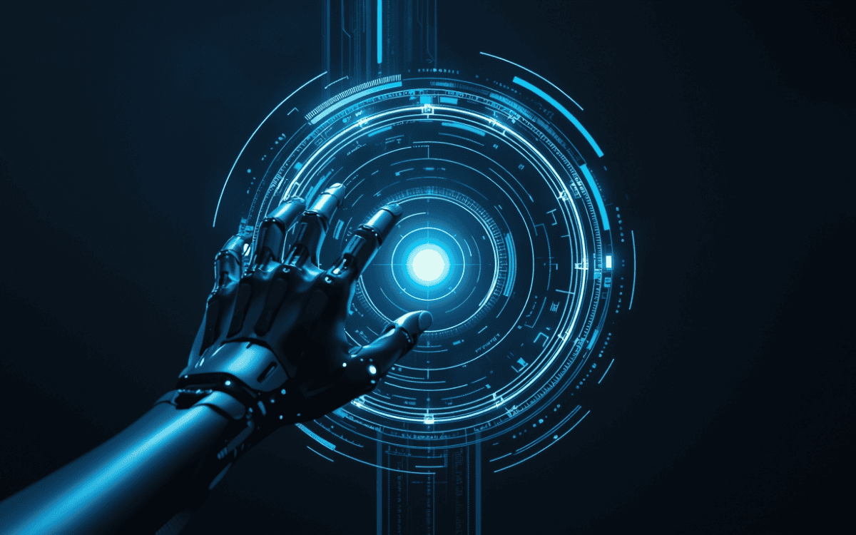 Robotic hand interacting with glowing circular holographic interface in dark blue scene