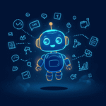 Cute glowing robot with task icons like checkmarks and chat bubbles on blue background
