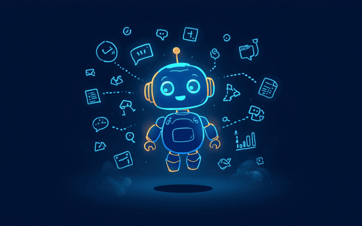 Cute glowing robot with task icons like checkmarks and chat bubbles on blue background