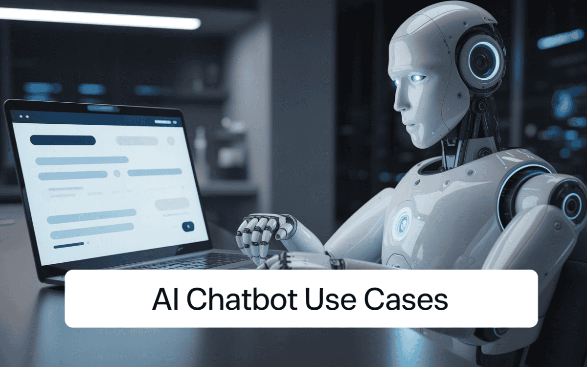 Robot with glowing eyes working on laptop in futuristic office setting, with text "AI Chatbot Use Cases" at the bottom.