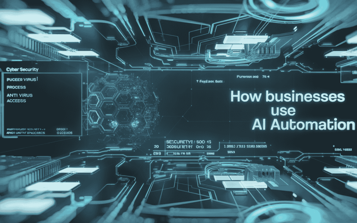 Alt text (80–90 characters): Holographic cyber security and AI automation interface with glowing blue data panels and text "How businesses use AI Automation" in futuristic style.